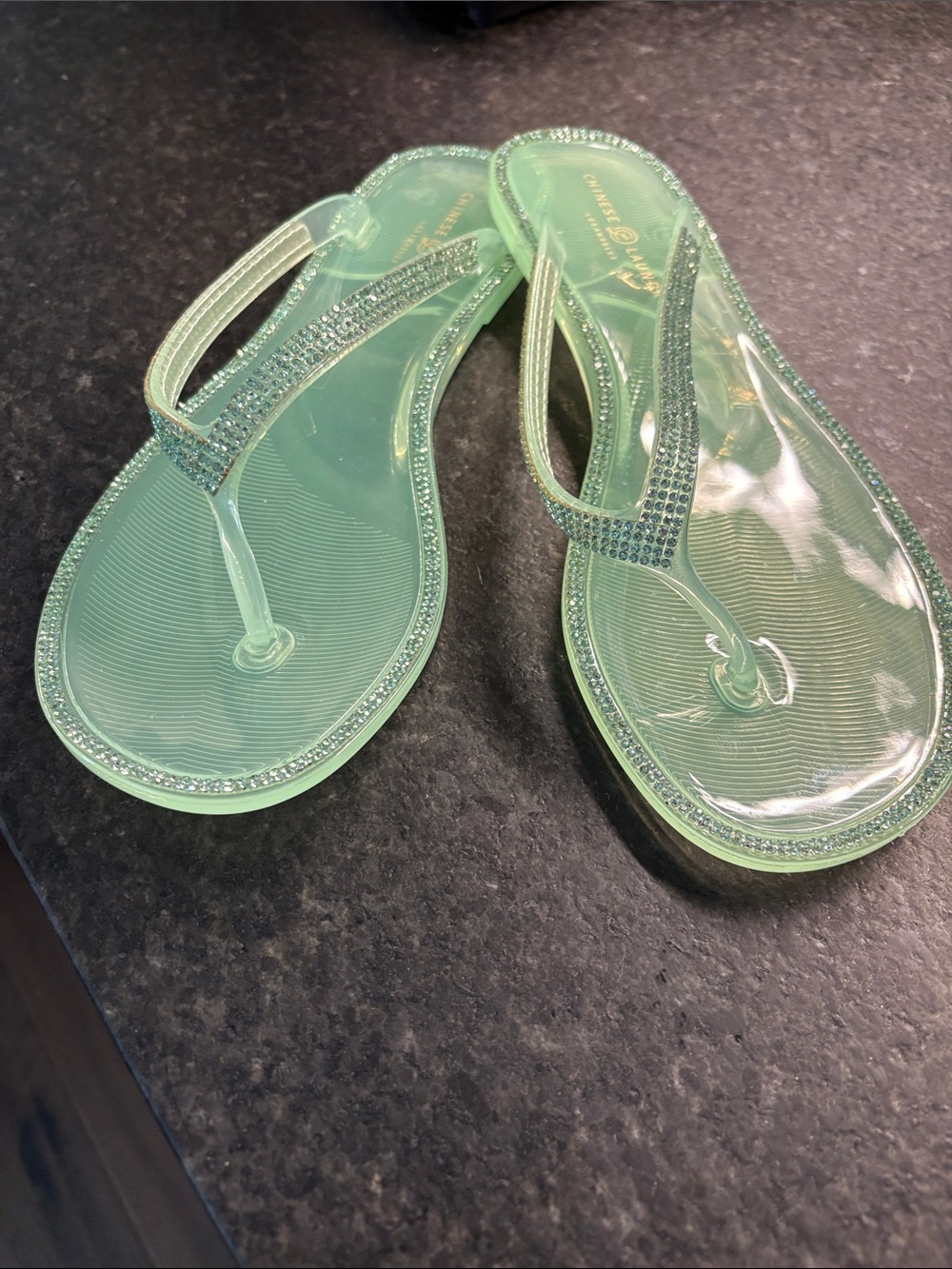 Chinese Laundry Mint Green Jelly Thong Sandals with Crystal Trim